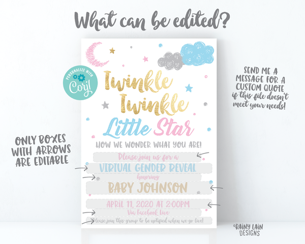 Virtual Gender Reveal Invitation, Long Distance Gender Reveal Invite, Twinkle Twinkle Little Star How We Wonder What You Are, Pink Blue Gold