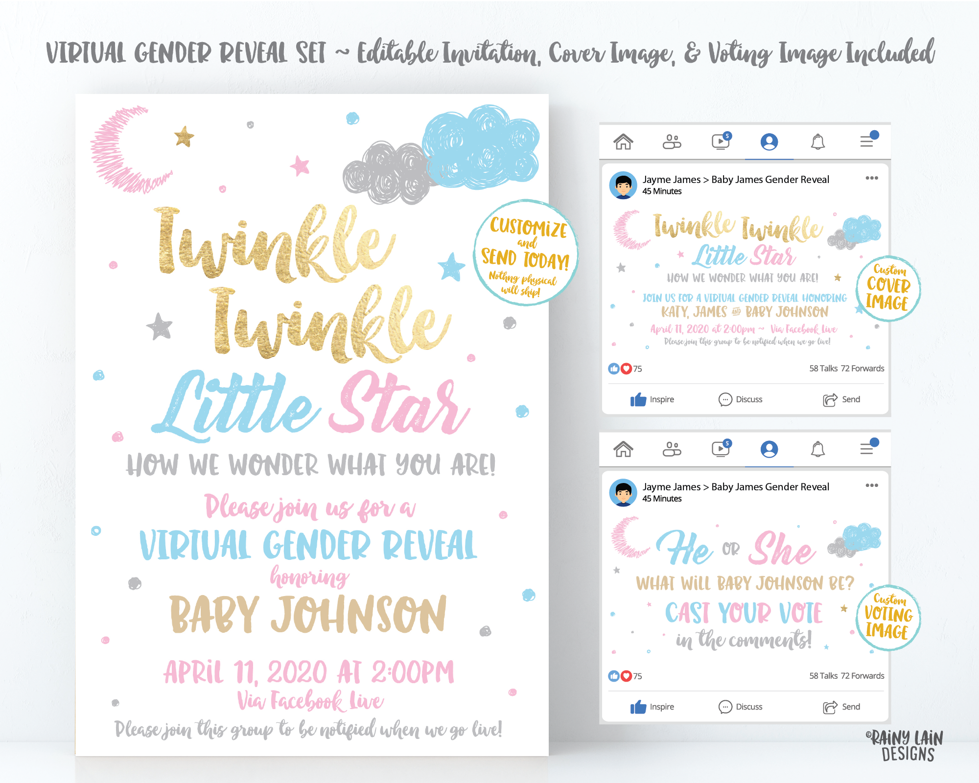 Social Media Gender Reveal, Virtual Gender Reveal Invite, Cover Photo, Live Video, Long Distance, Twinkle Twinkle Little Star How We Wonder