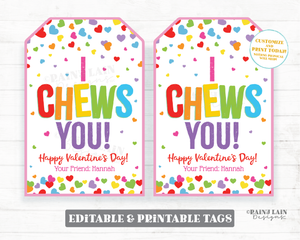 I Chews You Valentine Tag BubbleGum Bubble Gum Ball Chewy Candy Preschool Classroom Printable Editable Easy Kids Non-Candy Valentine Tag