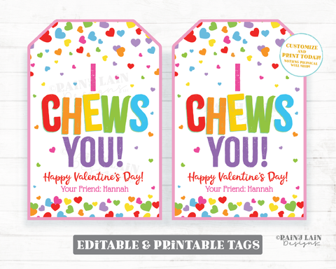 I Chews You Valentine Tag BubbleGum Bubble Gum Ball Chewy Candy Preschool Classroom Printable Editable Easy Kids Non-Candy Valentine Tag