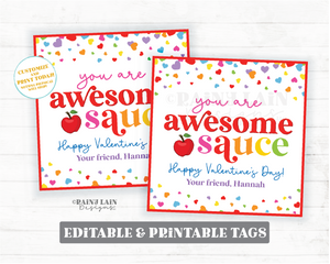 Applesauce Valentine Tag Awesome Sauce Valentine's Day Gift Tag Apple Sauce Packet Pouch Classroom Preschool Printable Kids Non-Candy Easy