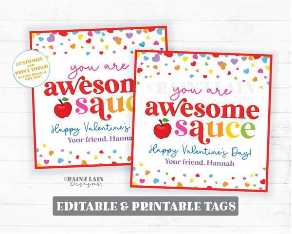 Applesauce Valentine Tag Awesome Sauce Valentine's Day Gift Tag Apple Sauce Packet Pouch Classroom Preschool Printable Kids Non-Candy Easy