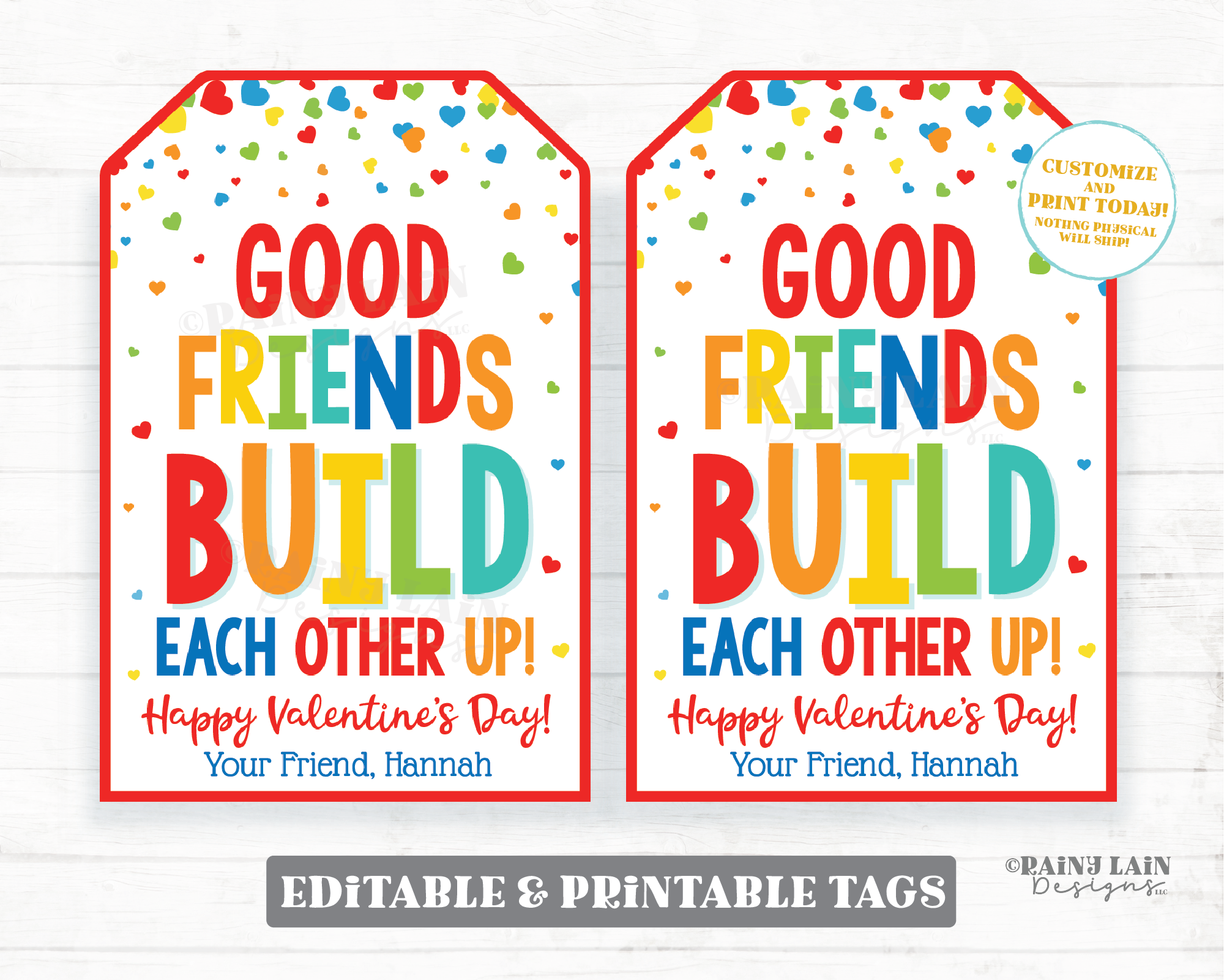 Good Friends Build Each Other Up Valentine Tag Building Blocks Puzzle Printable Preschool Friendship Valentines Non-Candy Classroom Editable