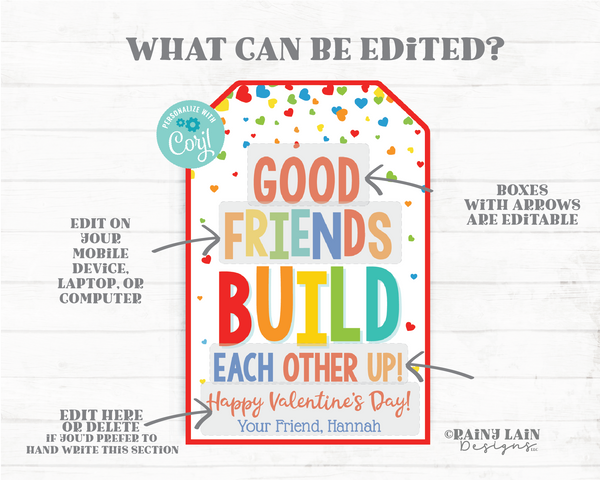 Good Friends Build Each Other Up Valentine Tag Building Blocks Puzzle Printable Preschool Friendship Valentines Non-Candy Classroom Editable