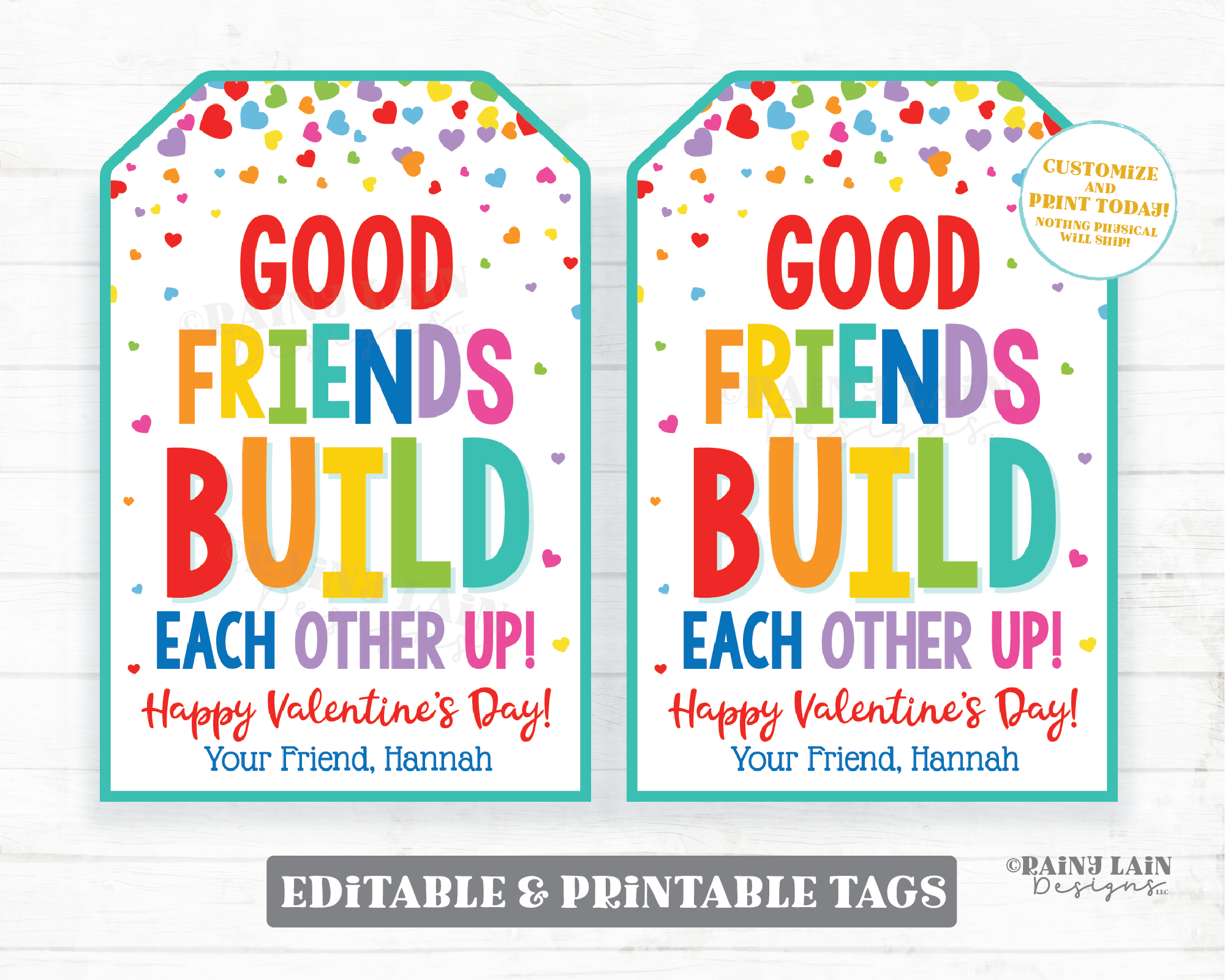 Valentine Good Friends Build Each Other Up Tag Building Blocks Puzzle Friendship Printable Preschool Valentines Non-Candy Classroom Editable