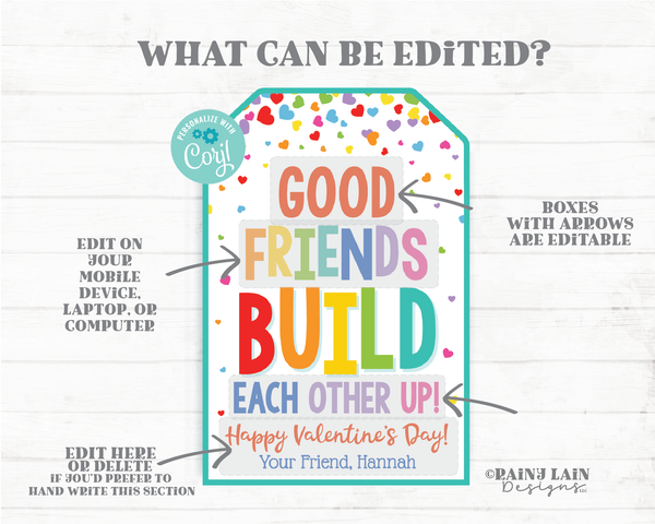 Valentine Good Friends Build Each Other Up Tag Building Blocks Puzzle Friendship Printable Preschool Valentines Non-Candy Classroom Editable