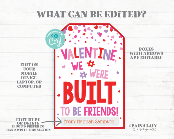 Valentine We Were Built to be Friend Tag Building Blocks Puzzle Piece Friendship Printable Preschool Valentines Non-Candy Classroom Editable