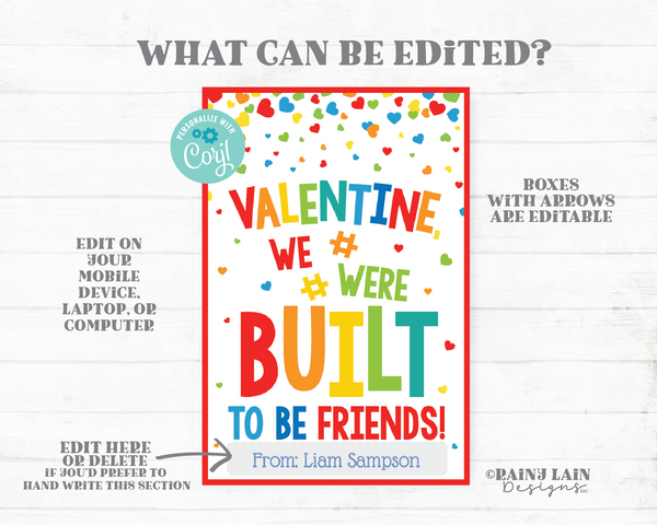 Valentine We Were Built to be Friend Building Blocks Printable Tag Puzzle Piece Preschool Valentines Non-Candy Classroom Friendship Editable
