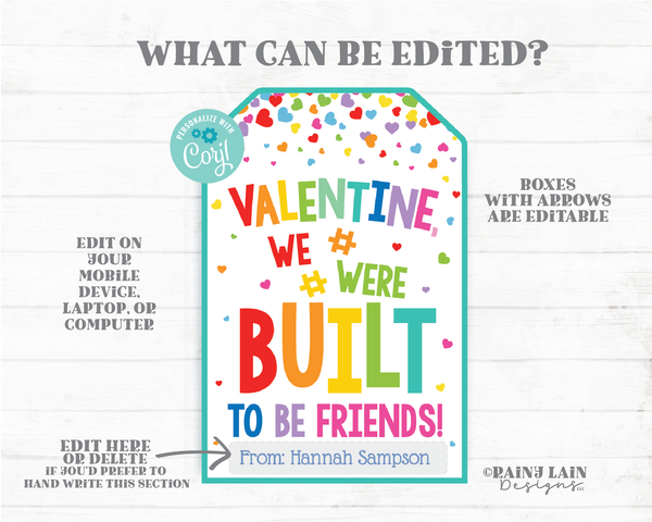 We Were Built to be Friends Valentine Tag Building Block Puzzle Piece Friendship Printable Preschool Valentines Non-Candy Classroom Editable