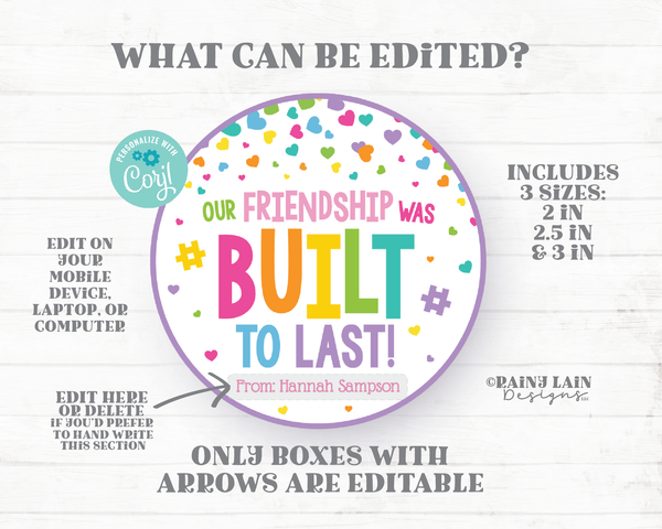 Our Friendship Was Built to Last Tag Building Blocks Puzzle Piece Preschool Printable Valentines Editable Non-Candy Classroom Friend Tag