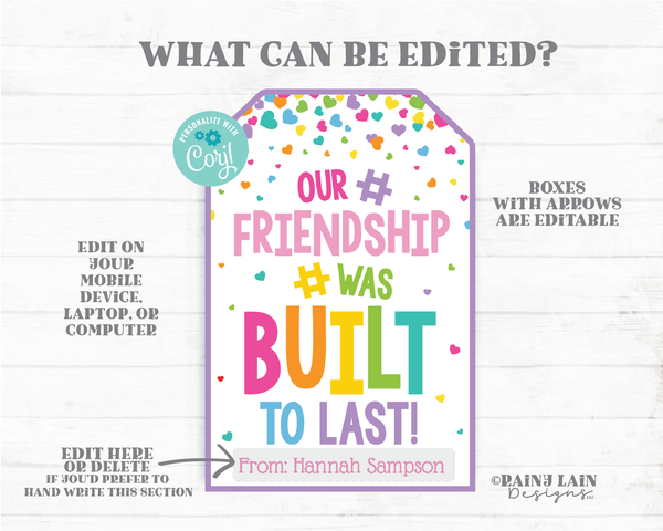 Our Friendship Was Built to Last Tag Building Blocks Puzzle Piece Printable Preschool Valentines Non-Candy Classroom Editable