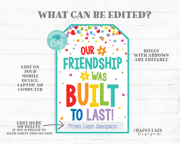 Our Friendship Was Built to Last Valentine Tag Building Blocks Puzzle Piece Preschool Valentines Non-Candy Classroom Printable Editable