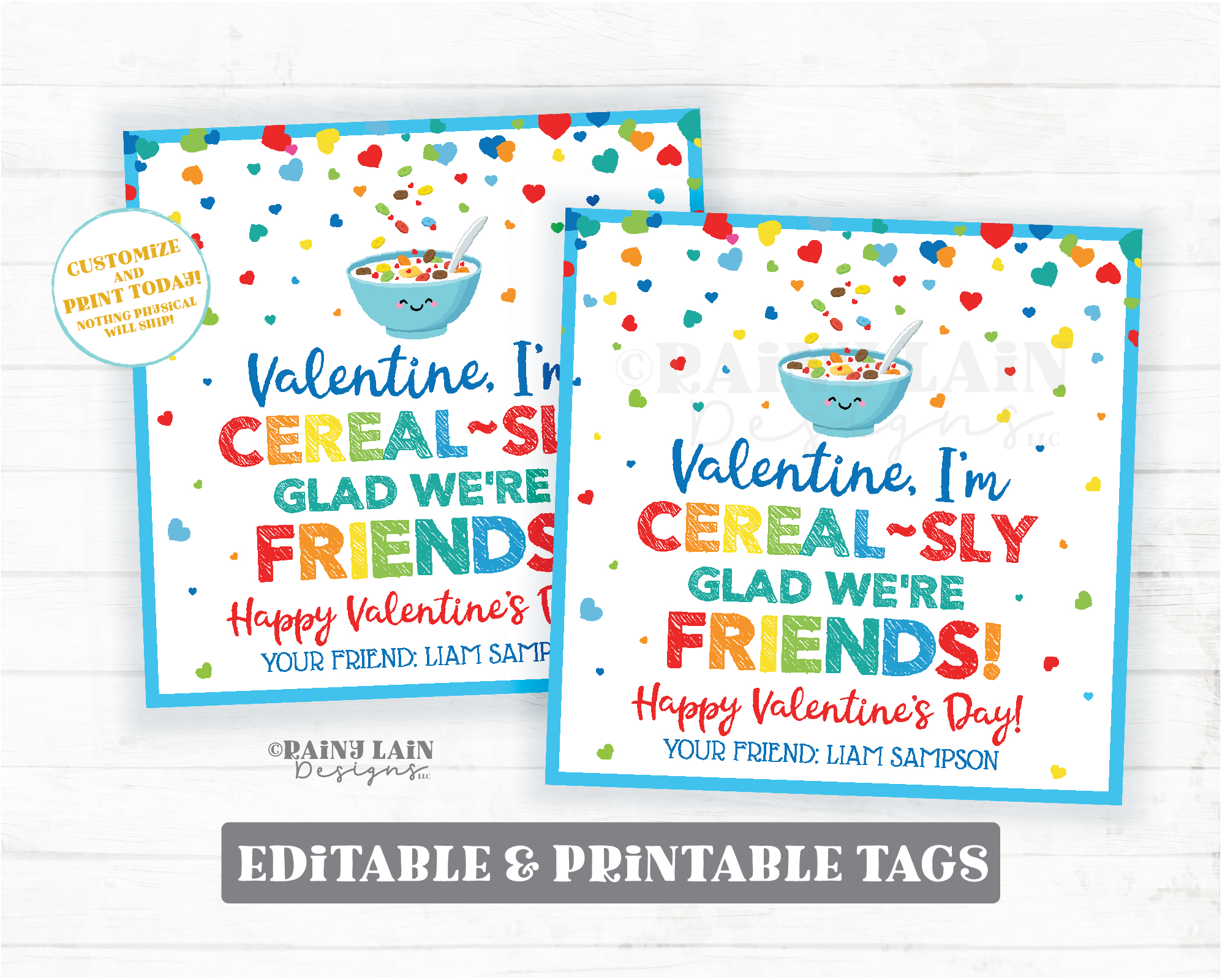 Cereal Valentine Cereal-sly Glad We're Friends Valentine Cereal Gift Tag Preschool Classroom Kids Printable Editable Non-Candy Valentine Tag