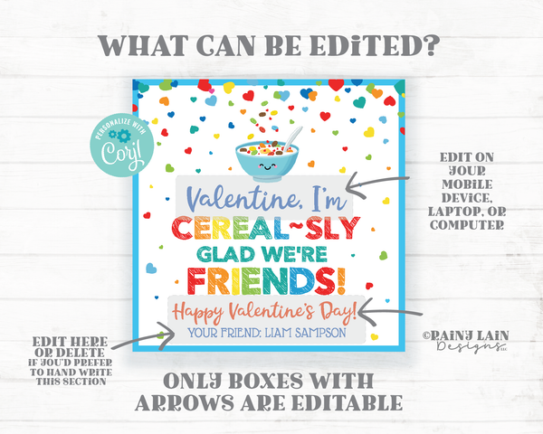 Cereal Valentine Cereal-sly Glad We're Friends Valentine Cereal Gift Tag Preschool Classroom Kids Printable Editable Non-Candy Valentine Tag