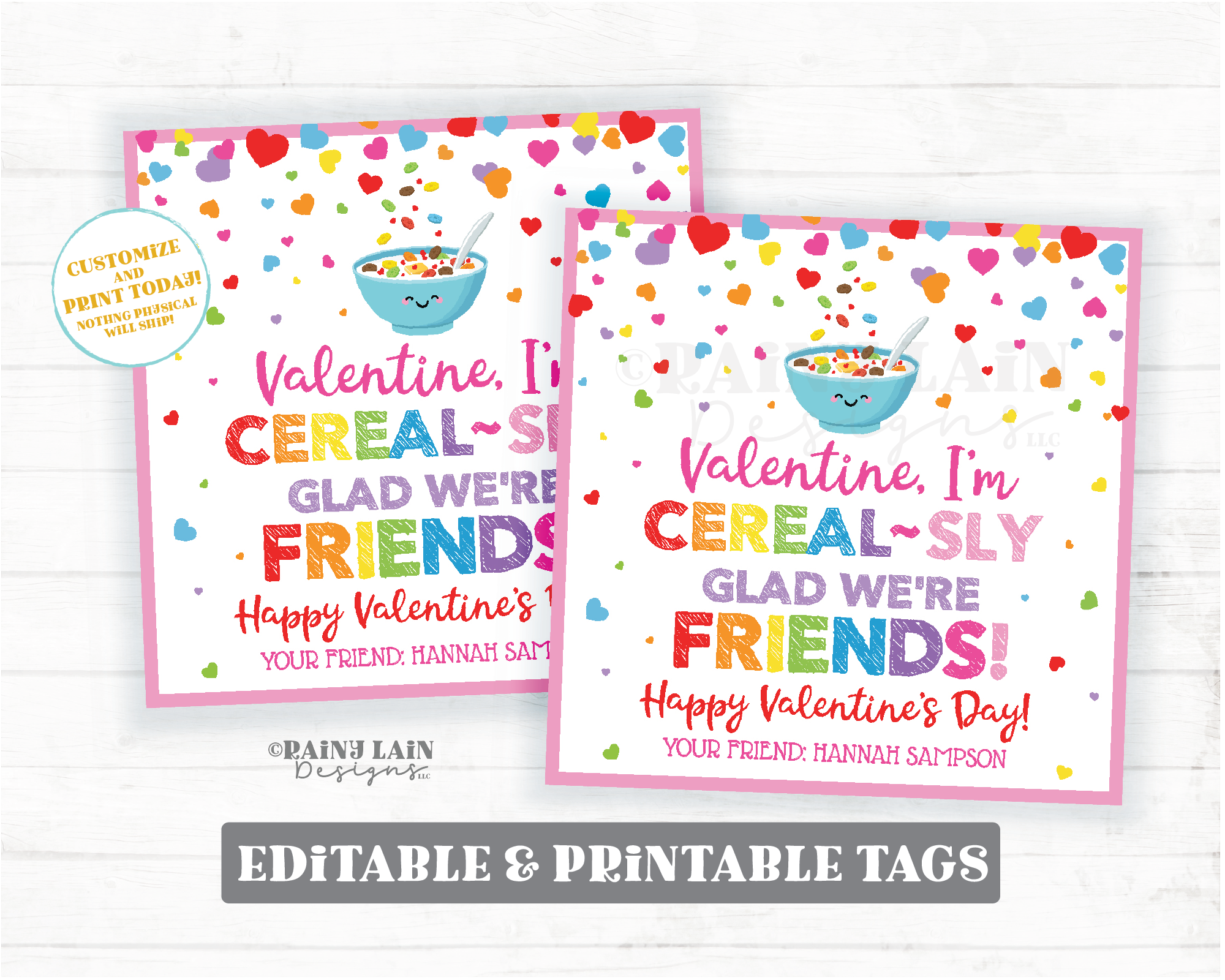 Cereal-sly Glad We're Friends Valentine Cereal Valentine Cereal Gift Classroom Preschool Kids Easy Printable Editable Non-Candy Valentine
