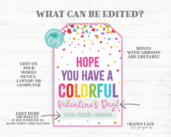 Colorful Valentine's Day Coloring Crayons Rainbow Candy Preschool Classroom Printable Kids Editable Easy Non-Candy Valentine Tag