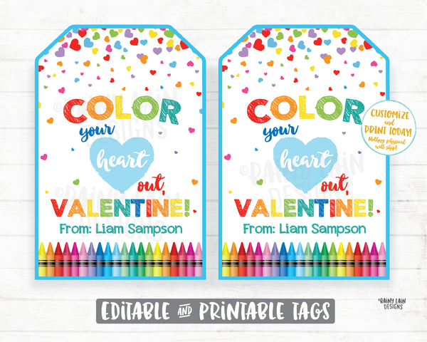 Crayon Valentine, Color Your Heart Out Valentine, Coloring Book Valentine Tag, Preschool, Classroom, Printable Non-Candy Valentine Tags