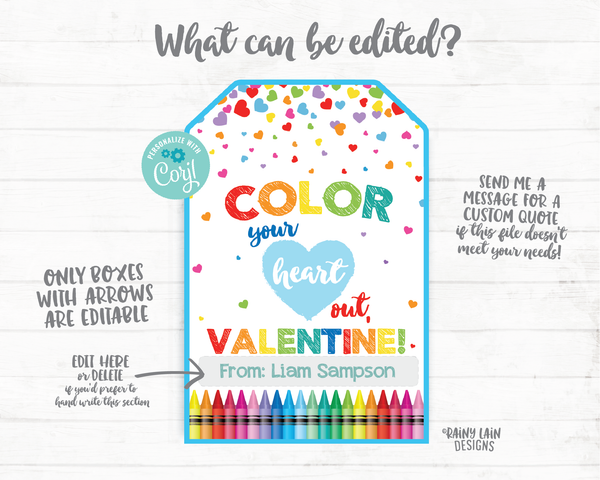 Crayon Valentine, Color Your Heart Out Valentine, Coloring Book Valentine Tag, Preschool, Classroom, Printable Non-Candy Valentine Tags