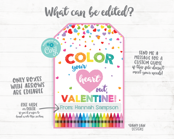 Color Your Heart Out Valentine, Coloring Book Valentine Tag, Crayon Valentine, Preschool, Classroom, Printable Non-Candy Valentine Tags