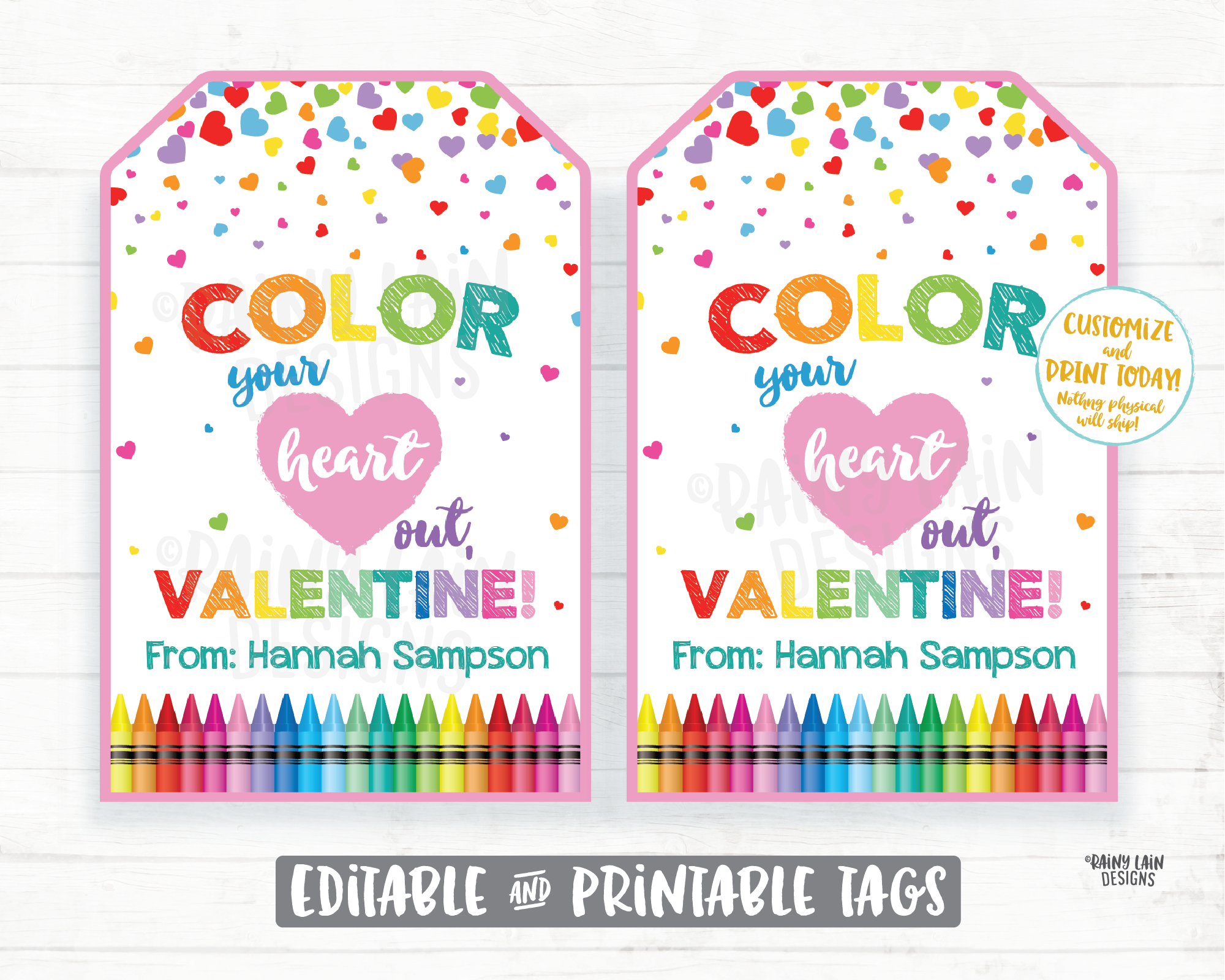 Color Your Heart Out Valentine, Coloring Book Valentine Tag, Crayon Valentine, Preschool, Classroom, Printable Non-Candy Valentine Tags