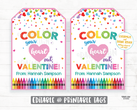 Color Your Heart Out Valentine, Coloring Book Valentine Tag, Crayon Valentine, Preschool, Classroom, Printable Non-Candy Valentine Tags