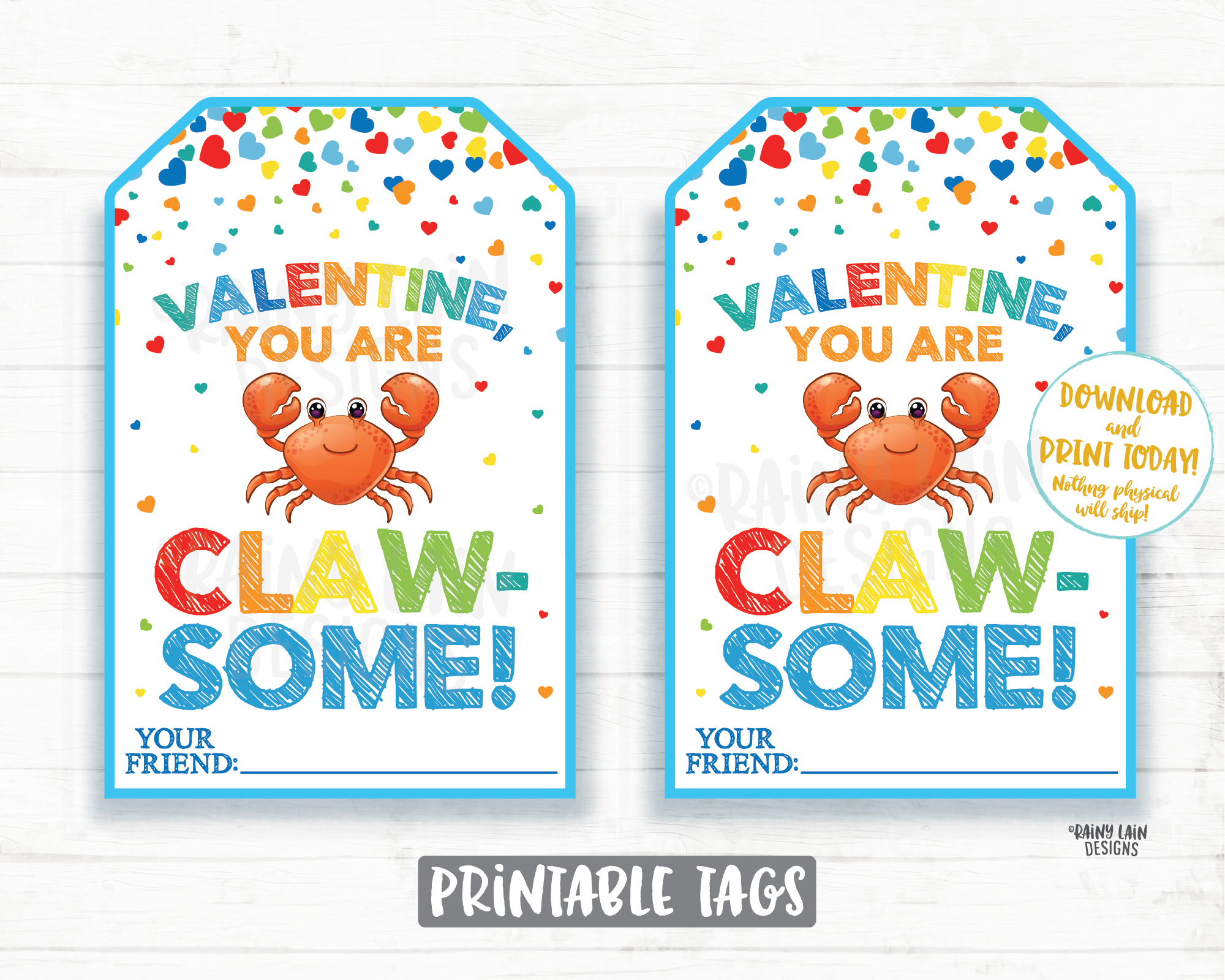Crab Valentine, Claw-some Valentine Tags Clawsome Ocean Under the Sea Preschool Valentines Classroom, Printable Kids Non-Candy Valentine Tag