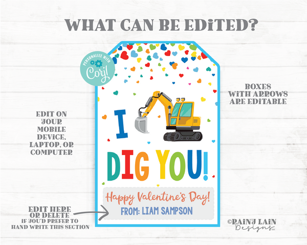 I Dig You Valentine Tag Digger Valentine Construction Preschool Valentines Classroom Kids Valentines Printable Non-Candy Valentine Tag