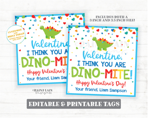 Dino-Mite Valentine Tag Dinosaur Egg Valentines Dinomite Dino Friend Preschool Classroom Printable Kids Non-Candy Valentine Favor Gift Tag
