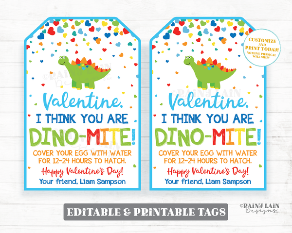 Dinosaur Egg Valentine Tags Dino-Mite Valentine Dinosaur Valentine Egg Preschool Valentines Non-Candy Classroom Printable Valentine Tag