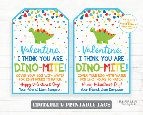 Dinosaur Egg Valentine Tags Dino-Mite Valentine Dinosaur Valentine Egg Preschool Valentines Non-Candy Classroom Printable Valentine Tag