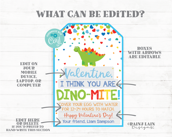 Dinosaur Egg Valentine Tags Dino-Mite Valentine Dinosaur Valentine Egg Preschool Valentines Non-Candy Classroom Printable Valentine Tag