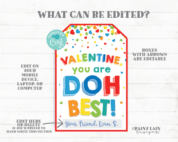 Valentine you are DOH best Boy doh Valentine Play Dough Craft Dough Preschool Editable Classroom Printable Kids Non-Candy Valentine Tags