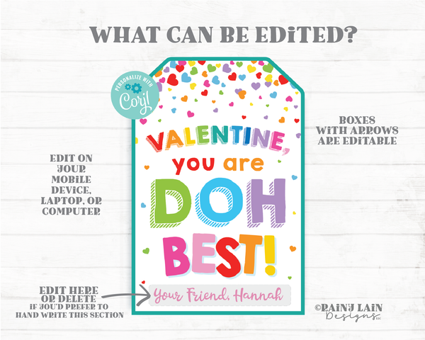 Valentine you are DOH best Girl Doh Craft Dough Valentine Play Dough Preschool Editable Classroom Printable Kids Non-Candy Valentine Tags