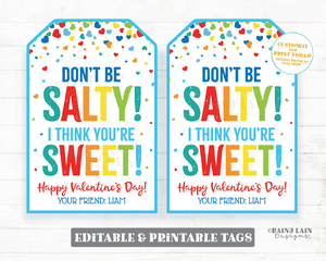Valentine  Don't be Salty I think you're Sweet Tag Sweet n Salty Chips Pretzels Crackers Snack Mix Gift Preschool Classroom Printable