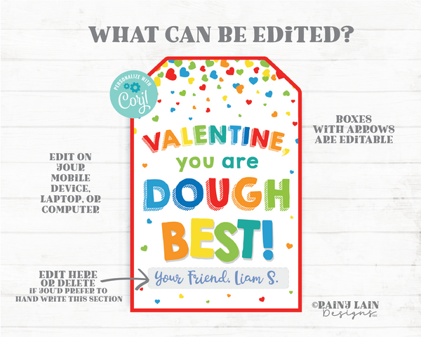 Valentine you are dough best Play Dough Clay Boy Craft Doh Valentine Preschool Editable Classroom Printable Kids Non-Candy Valentine Tags