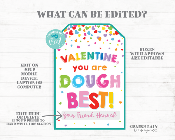 Valentine you are dough best Girl Craft Doh Valentine Play Dough Clay Preschool Editable Classroom Printable Kids Non-Candy Valentine Tags
