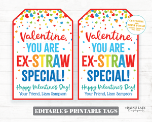 Crazy Straw Valentine Ex-STRAW Special Tags Silly Straw Preschool Valentines Classroom Printable Krazy Bendy Kids Non-Candy Valentine Tag