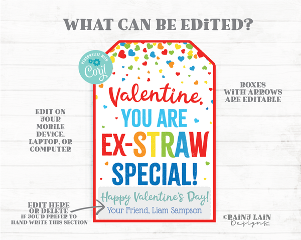 Crazy Straw Valentine Ex-STRAW Special Tags Silly Straw Preschool Valentines Classroom Printable Krazy Bendy Kids Non-Candy Valentine Tag