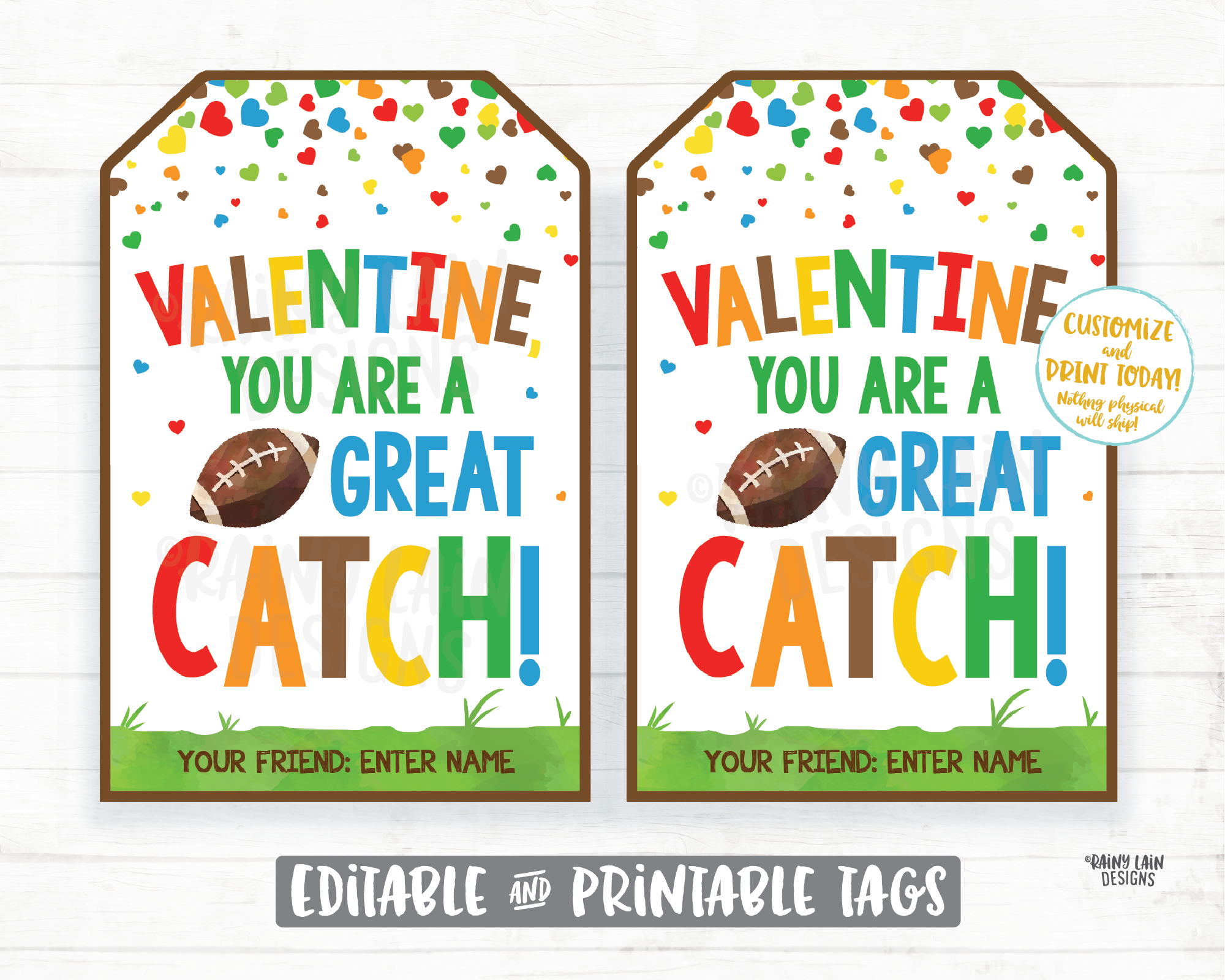 Football Valentine Tag You're a Great Catch Printable Kids Valentine Tag Preschool Classroom Non-Candy Valentine