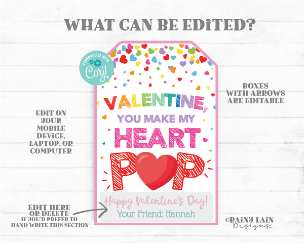 You Make My Heart Pop Valentine Pop Valentine Tag Lollipop Sucker Balloon Popcorn Pop Candy Preschool Classroom Printable Kids Non-Candy