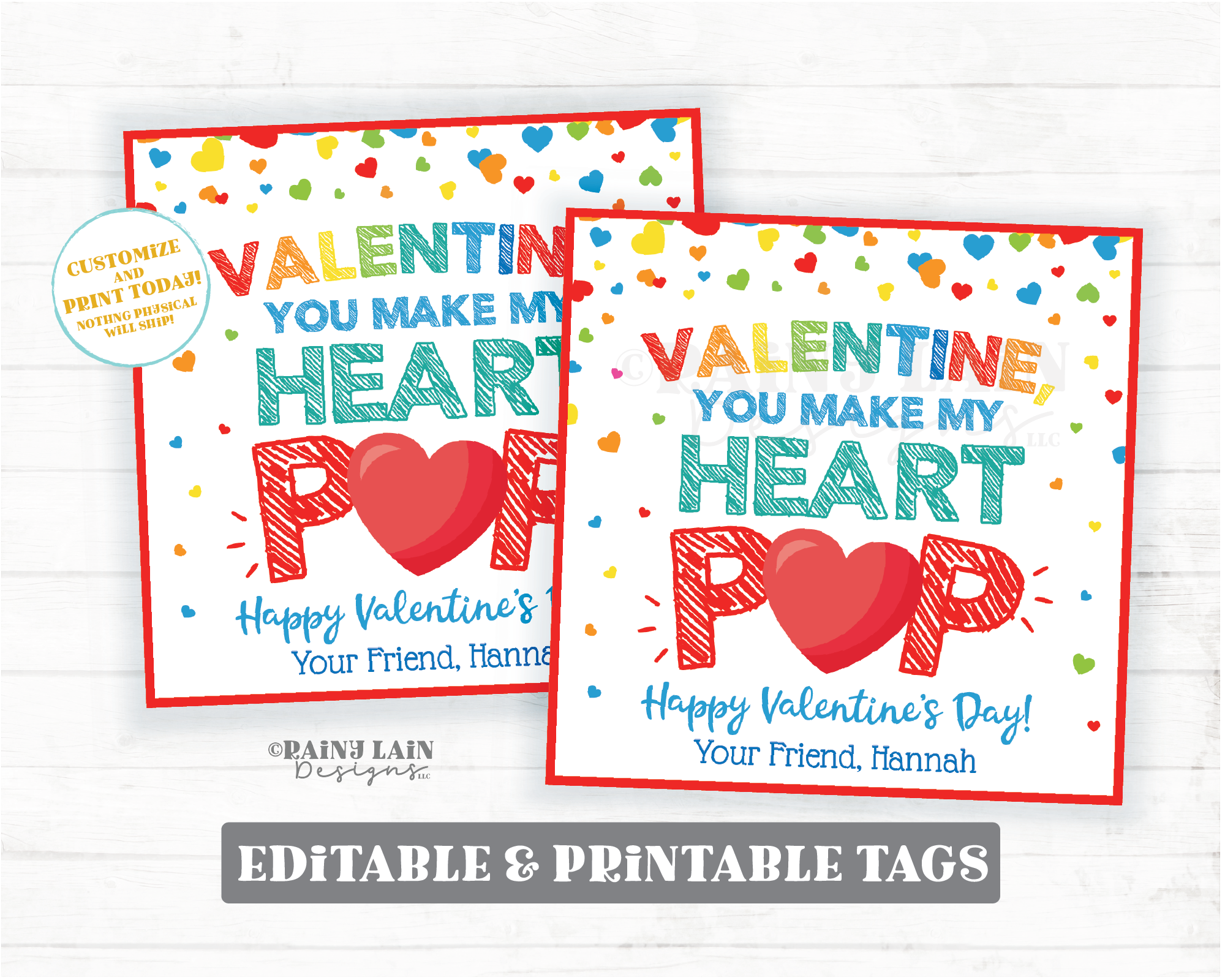 Heart Pop Valentine Tag Popping Pop Fidget Toy Popcorn Lollipop Pop Candy Sucker Balloon Preschool Classroom Printable Kids Non-Candy