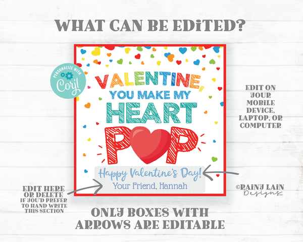 Heart Pop Valentine Tag Popping Pop Fidget Toy Popcorn Lollipop Pop Candy Sucker Balloon Preschool Classroom Printable Kids Non-Candy