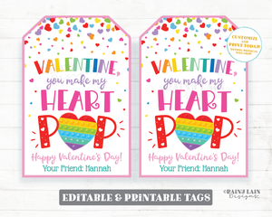 Pop Valentine You Make my Heart Pop Tag Valentine's Day Fidget Toy Gift Tag Preschool Classroom Printable Kids Editable Non-Candy Valentine