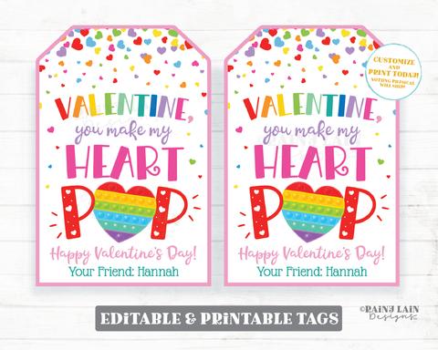 Pop Valentine You Make my Heart Pop Tag Valentine's Day Fidget Toy Gift Tag Preschool Classroom Printable Kids Editable Non-Candy Valentine