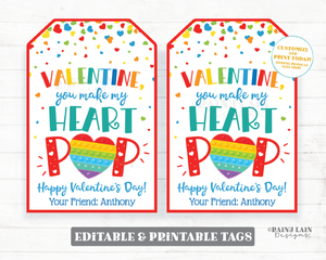 You Make my Heart Pop Tag Valentine's Day Fidget Toy Gift Tag Pop Valentine Preschool Classroom Printable Kids Editable Non-Candy Valentine