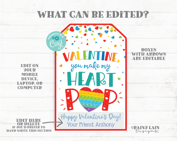 You Make my Heart Pop Tag Valentine's Day Fidget Toy Gift Tag Pop Valentine Preschool Classroom Printable Kids Editable Non-Candy Valentine