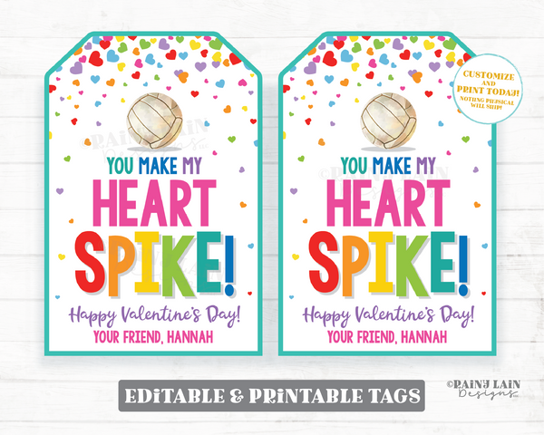 You Make My Heart Spike Valentine Tag Volleyball Valentine's Day Tag Editable Teammate Gift Sports Classroom Non-Candy Printable