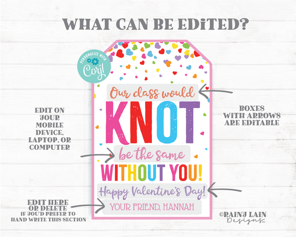 Class would Knot be the same without you Valentine Friendship Bracelet, Hair Tie Preschool Classroom Printable Kids Non-Candy Valentine Tag