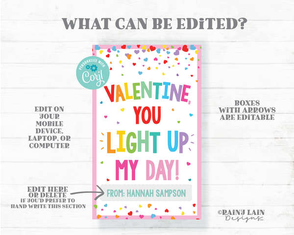 Valentine You Light Up My Day Glow Stick Tag Valentine's Day Favor Tag Preschool Classroom Student Gift  Printable Kids Non-Candy Ideas