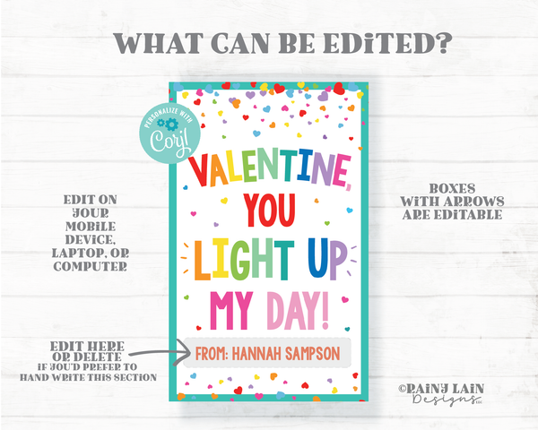 You Light Up My Day Valentine Tag Valentine's Day Glow Stick Tag Favor Tag Preschool Classroom Student Gift  Printable Kids Non-Candy Ideas
